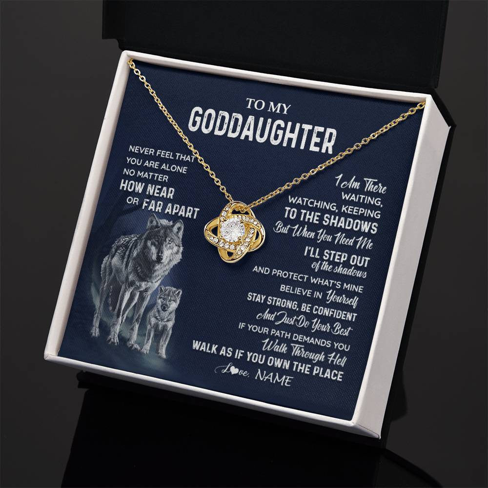 Love Knot Necklace 18K Yellow Gold Finish | 2 | Personalized To My Goddaughter Necklace From Godmother Uncle Never Feel You Are Alone Wolf Goddaughter Birthday Christmas Customized Gift Box Message Card | teecentury