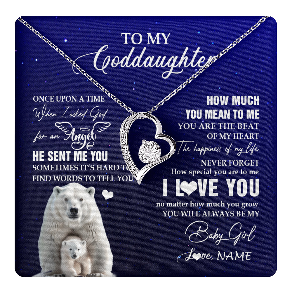 Forever Love Necklace 14K White Gold Finish | 1 | Personalized To My Goddaughter Necklace From Godmother Uncle Polar Bear Never Forget I Love You Goddaughter Birthday Christmas Customized Gift Box Message Card | teecentury