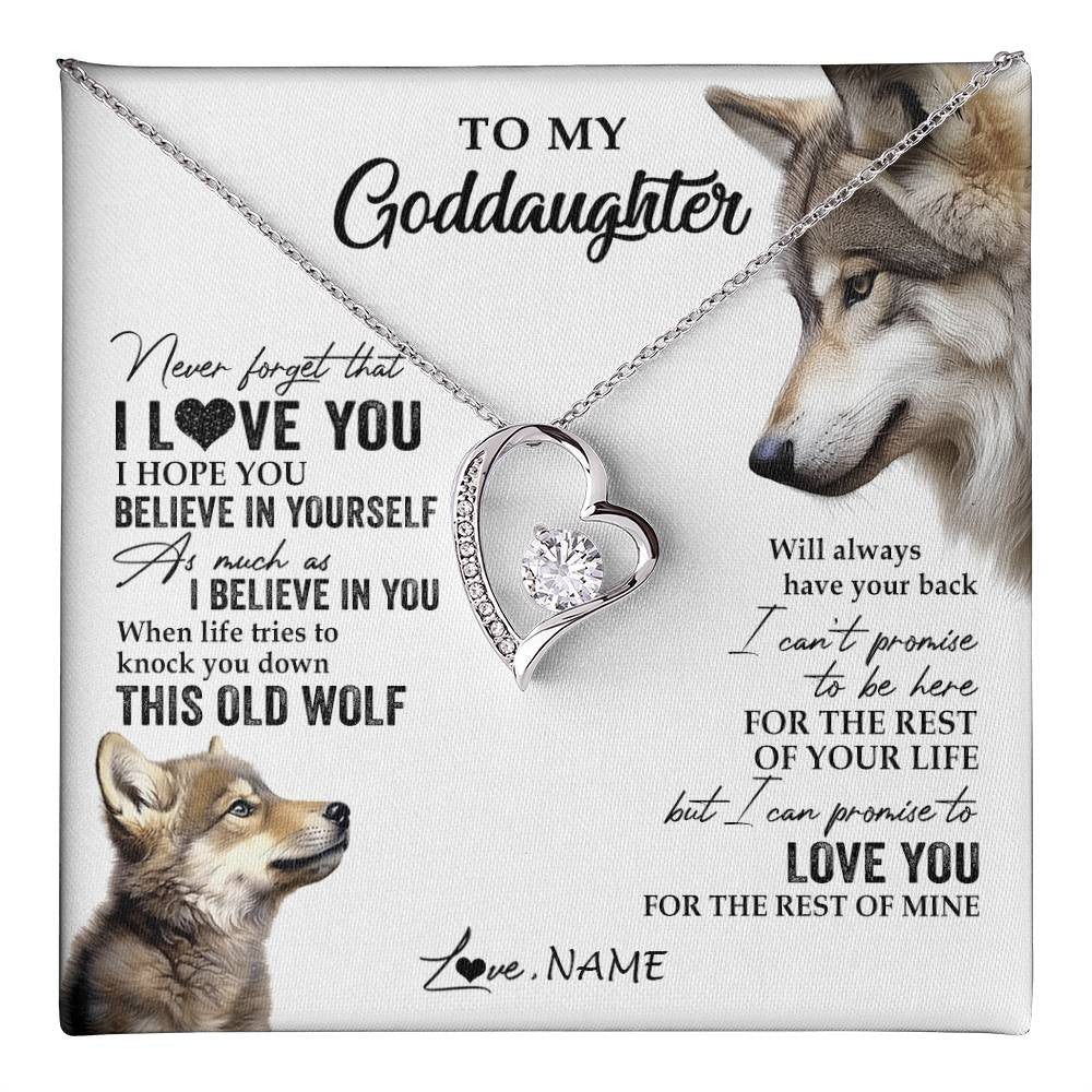 Forever Love Necklace 14K White Gold Finish | 1 | Personalized To My Goddaughter Necklace From Godmother Uncle This Old Wolf Love You Godchild Birthday Graduation Christmas Customized Gift Box Message Card | teecentury