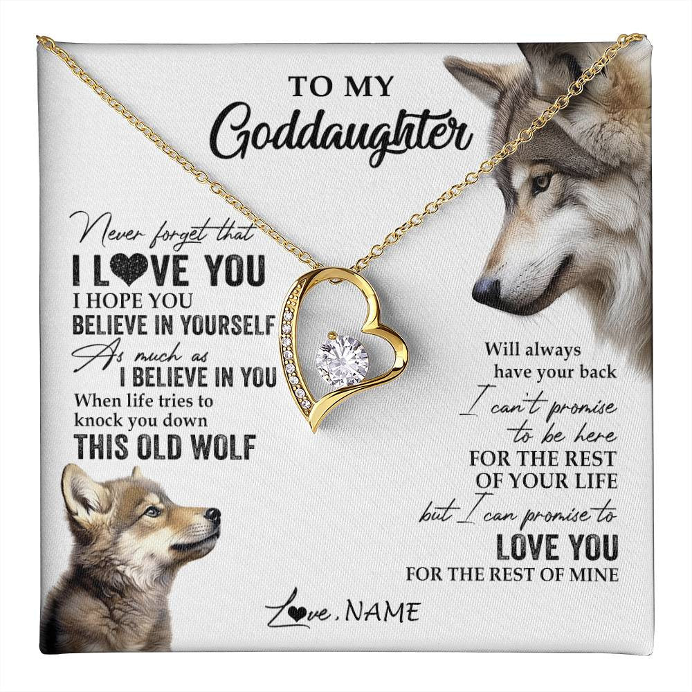 Forever Love Necklace 18K Yellow Gold Finish | 1 | Personalized To My Goddaughter Necklace From Godmother Uncle This Old Wolf Love You Godchild Birthday Graduation Christmas Customized Gift Box Message Card | teecentury