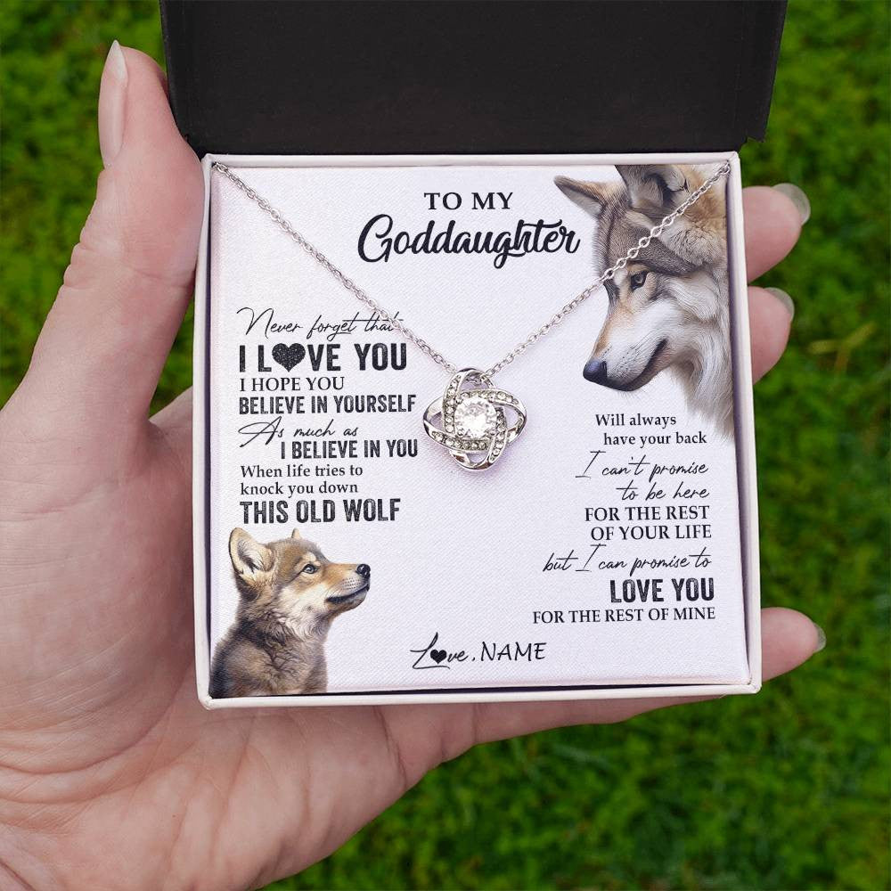 Love Knot Necklace 14K White Gold Finish | 2 | Personalized To My Goddaughter Necklace From Godmother Uncle This Old Wolf Love You Godchild Birthday Graduation Christmas Customized Gift Box Message Card | teecentury