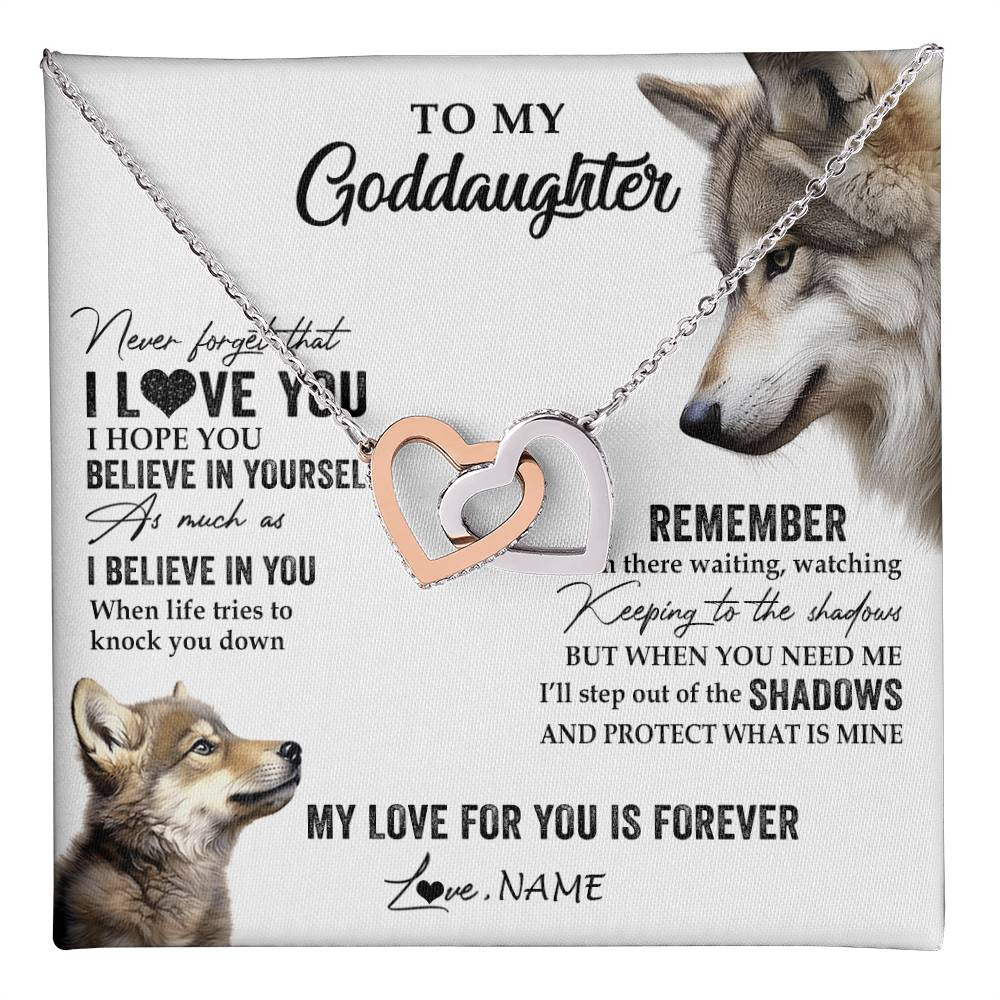 Interlocking Hearts Necklace Stainless Steel & Rose Gold Finish | 1 | Personalized To My Goddaughter Necklace From Godmother Uncle Wolf My Love For You Is Forever Goddaughter Birthday Christmas Customized Gift Box Message Card | teecentury
