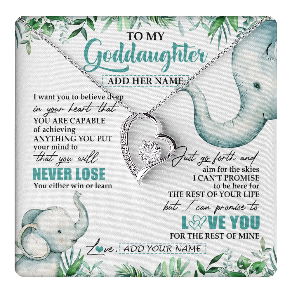 Forever Love Necklace 14K White Gold Finish | 1 | Personalized To My Goddaughter Necklace From Godmother Uncle You Will Never Lose Elephant Goddaughter Birthday Gifts Christmas Custom Gift Box Message Card | teecentury
