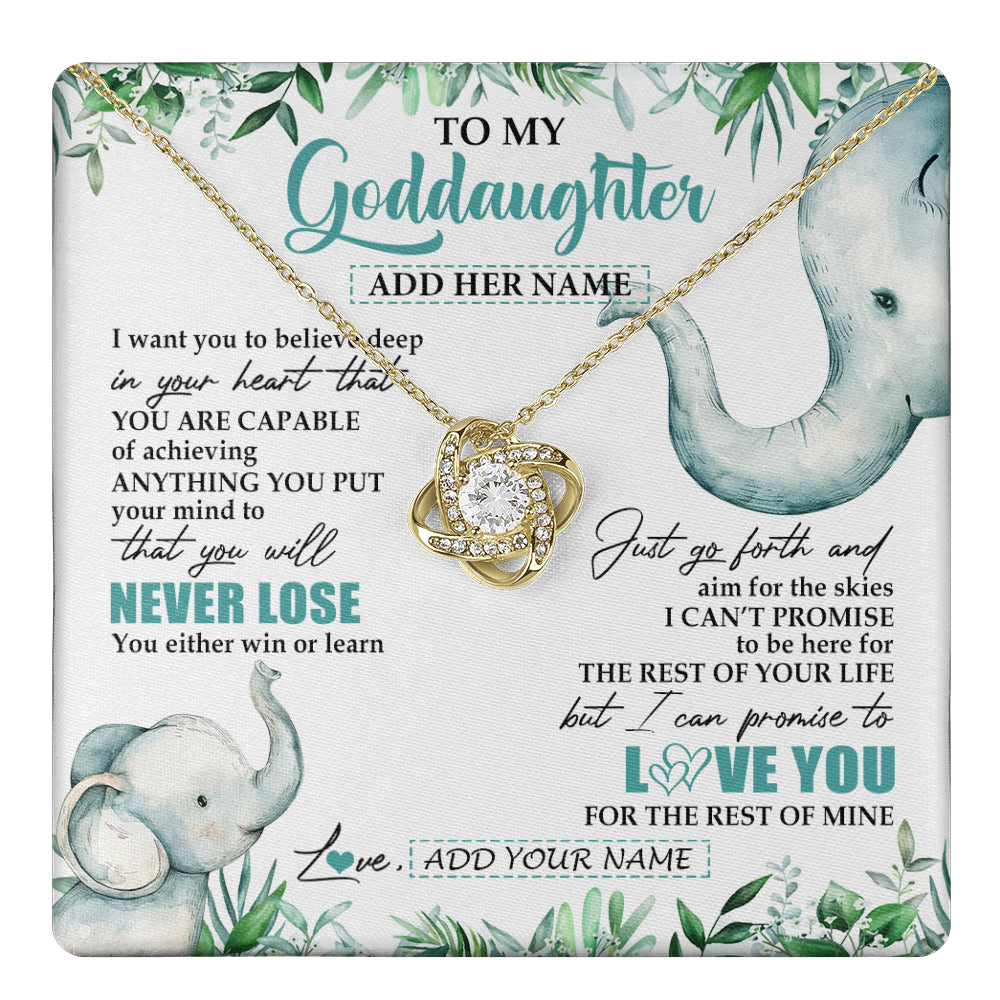 Love Knot Necklace 18K Yellow Gold Finish | 1 | Personalized To My Goddaughter Necklace From Godmother Uncle You Will Never Lose Elephant Goddaughter Birthday Gifts Christmas Custom Gift Box Message Card | teecentury