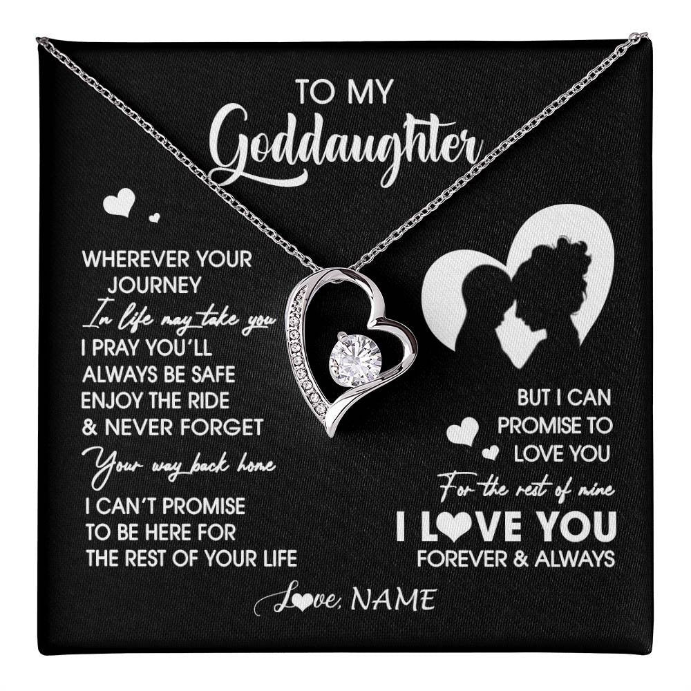 Forever Love Necklace 14K White Gold Finish | 1 | Personalized To My Goddaughter Necklace From Godmother Wherever Your Journey Goddaughter Birthday Gifts Graduation Christmas Customized Gift Box Message Card | teecentury