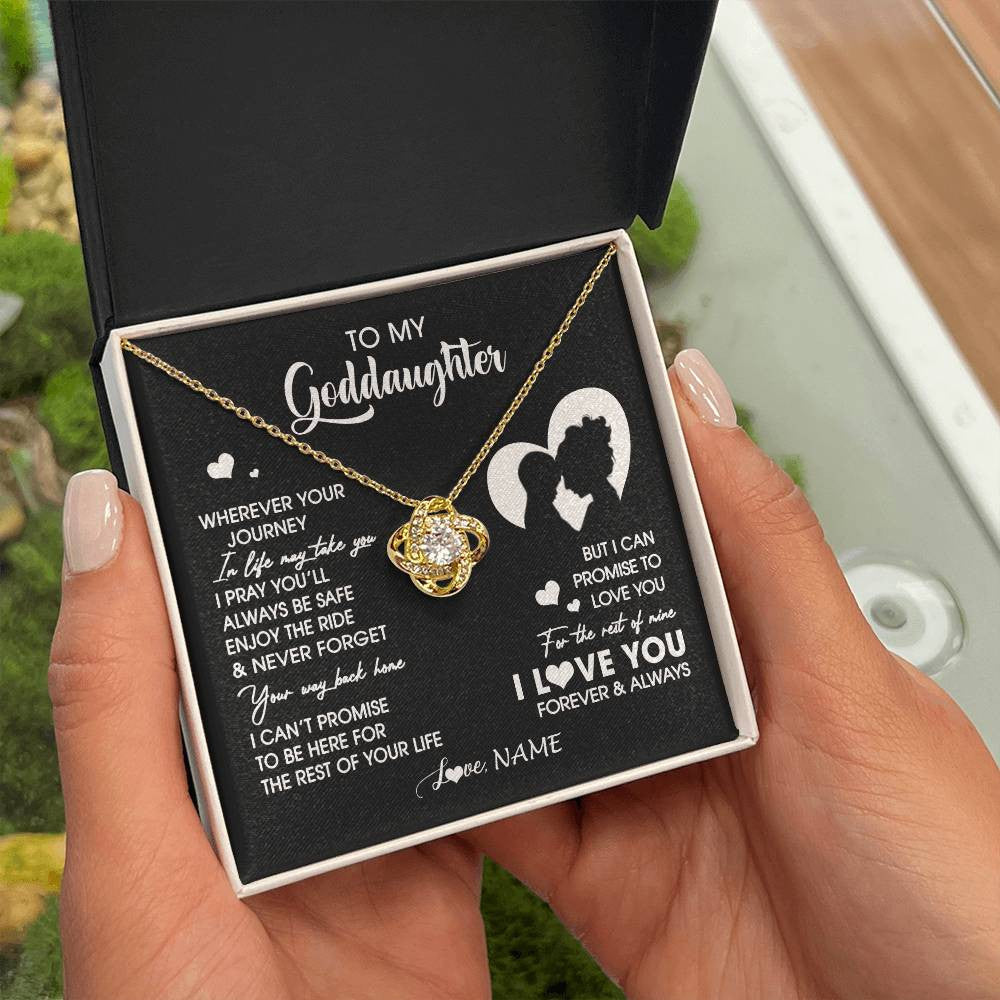 Love Knot Necklace 18K Yellow Gold Finish | 2 | Personalized To My Goddaughter Necklace From Godmother Wherever Your Journey Goddaughter Birthday Gifts Graduation Christmas Customized Gift Box Message Card | teecentury