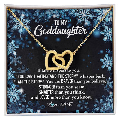 Interlocking Hearts Necklace 18K Yellow Gold Finish | Personalized To My Goddaughter Necklace From Godmother Whisper Back I Am The Storm Goddaughter Jewelry Birthday Graduation Christmas Customized Message Card | teecentury