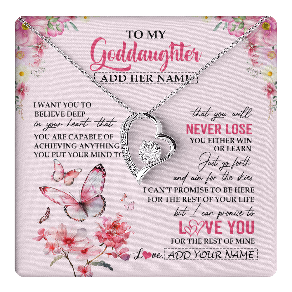 Forever Love Necklace 14K White Gold Finish | 1 | Personalized To My Goddaughter Necklace From Godmother You Will Never Lose Butterfly Goddaughter Birthday Gifts Graduation Christmas Gift Box Message Card | teecentury