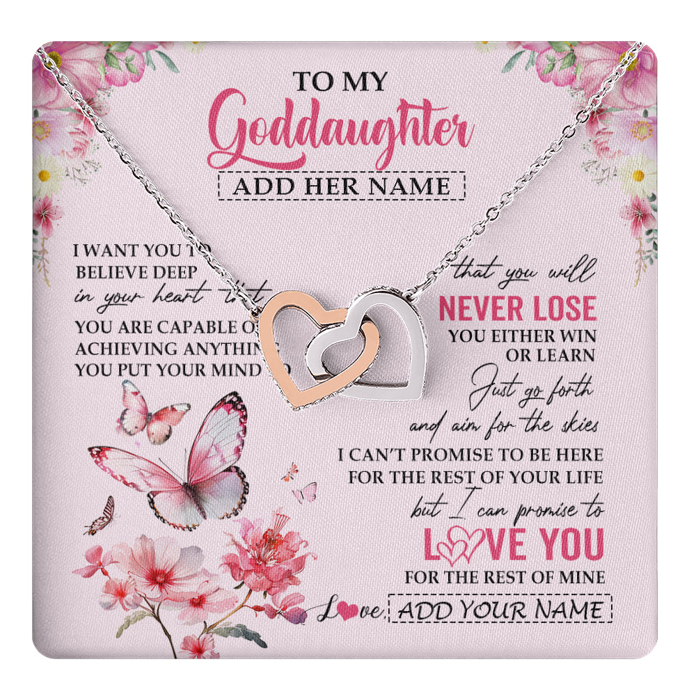 Interlocking Hearts Necklace Stainless Steel & Rose Gold Finish | 1 | Personalized To My Goddaughter Necklace From Godmother You Will Never Lose Butterfly Goddaughter Birthday Gifts Graduation Christmas Gift Box Message Card | teecentury