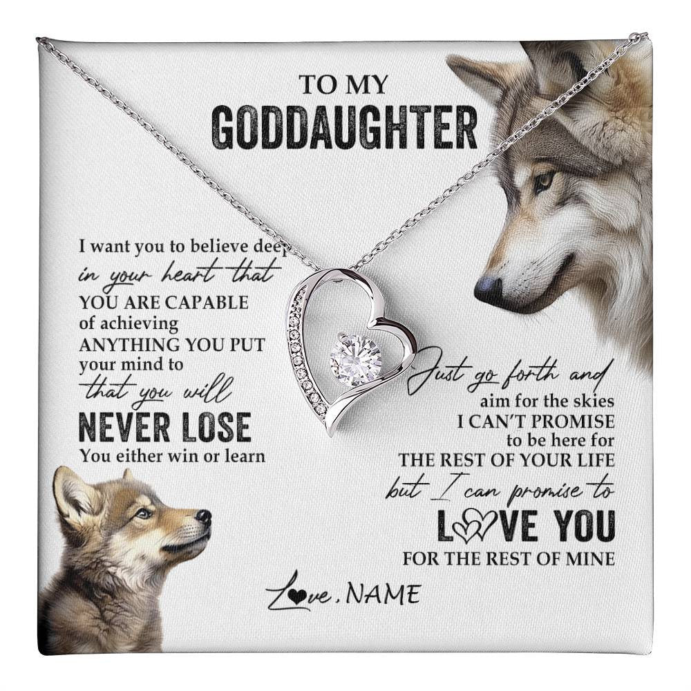 Forever Love Necklace 14K White Gold Finish | 1 | Personalized To My Goddaughter Necklace From Godmother You Will Never Lose Wolf Godchild Birthday Graduation Christmas Customized Gift Box Message Card | teecentury