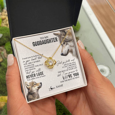 Love Knot Necklace 18K Yellow Gold Finish | 2 | Personalized To My Goddaughter Necklace From Godmother You Will Never Lose Wolf Godchild Birthday Graduation Christmas Customized Gift Box Message Card | teecentury