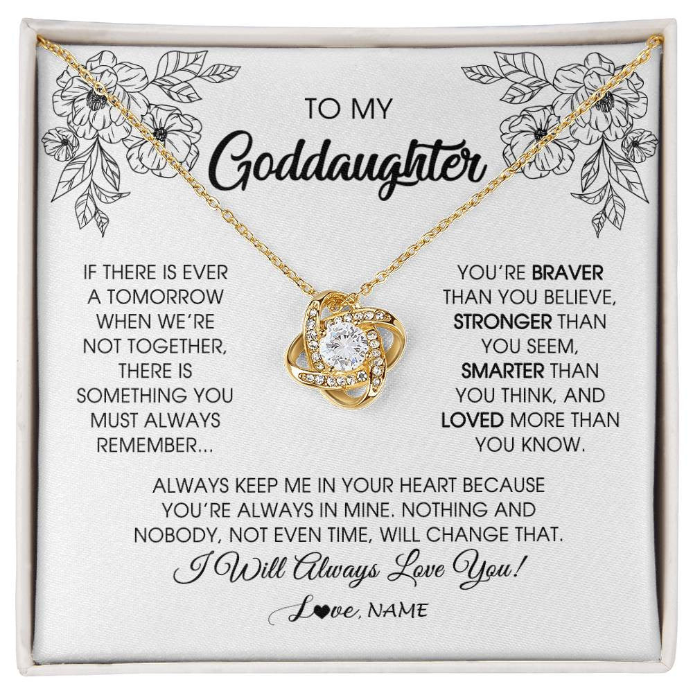 Love Knot Necklace 18K Yellow Gold Finish | Personalized To My Goddaughter Necklace From Godmother You're Braver Stronger Smarter Goddaughter Birthday Christmas Customized Jewelry Gift Box Message Card | teecentury