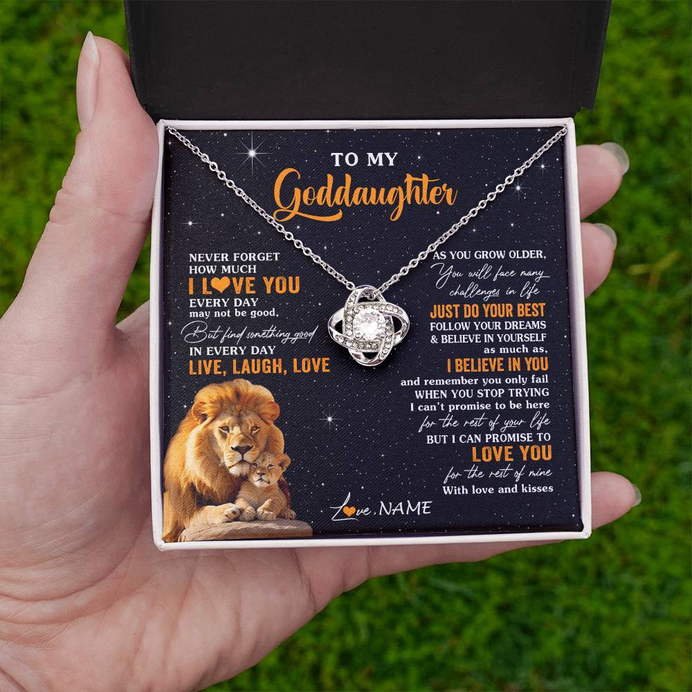 Love Knot Necklace 14K White Gold Finish | 2 | Personalized To My Goddaughter Necklace From Uncle Live Laugh Love Lion Goddaughter Birthday Positive Graduation Christmas Customized Gift Box Message Card | teecentury