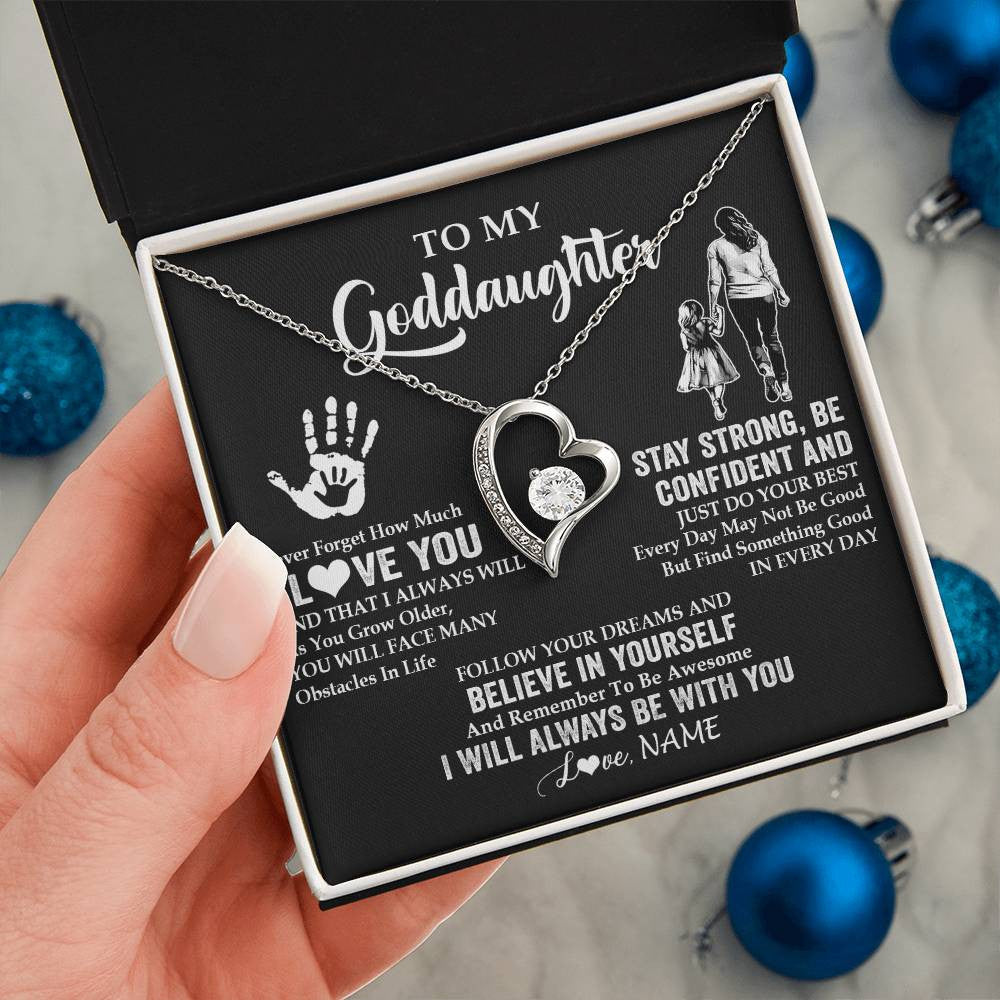 Forever Love Necklace 14K White Gold Finish | 2 | Personalized To My Goddaughter Necklace I Love You Forever From Godmother Goddaughter Birthday Gifts Christmas Graduation Customized Gift Box Message Card | teecentury