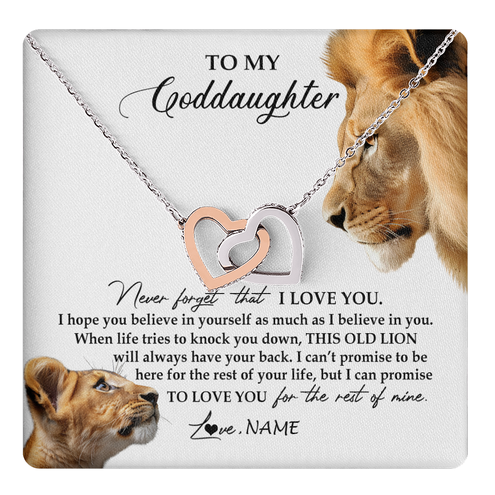 Interlocking Hearts Necklace Stainless Steel & Rose Gold Finish | 1 | Personalized To My Goddaughter Necklace from Godfather Forget I Love You Lion Jewelry Goddaughter Birthday Graduation Christmas Customized Message Card | teecentury