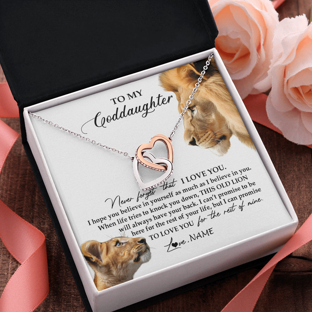 Interlocking Hearts Necklace Stainless Steel & Rose Gold Finish | 2 | Personalized To My Goddaughter Necklace from Godfather Forget I Love You Lion Jewelry Goddaughter Birthday Graduation Christmas Customized Message Card | teecentury