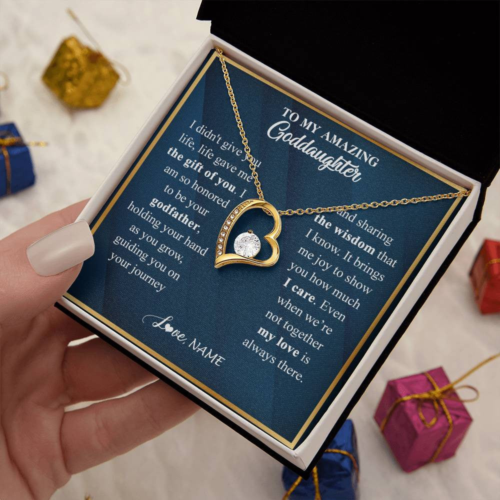 Forever Love Necklace 18K Yellow Gold Finish | 2 | Personalized To My Goddaughter Necklace from Godfather Life Gave Me The Gift Of You Goddaughter Birthday Graduation Christmas Customized Gift Box Message Card | teecentury