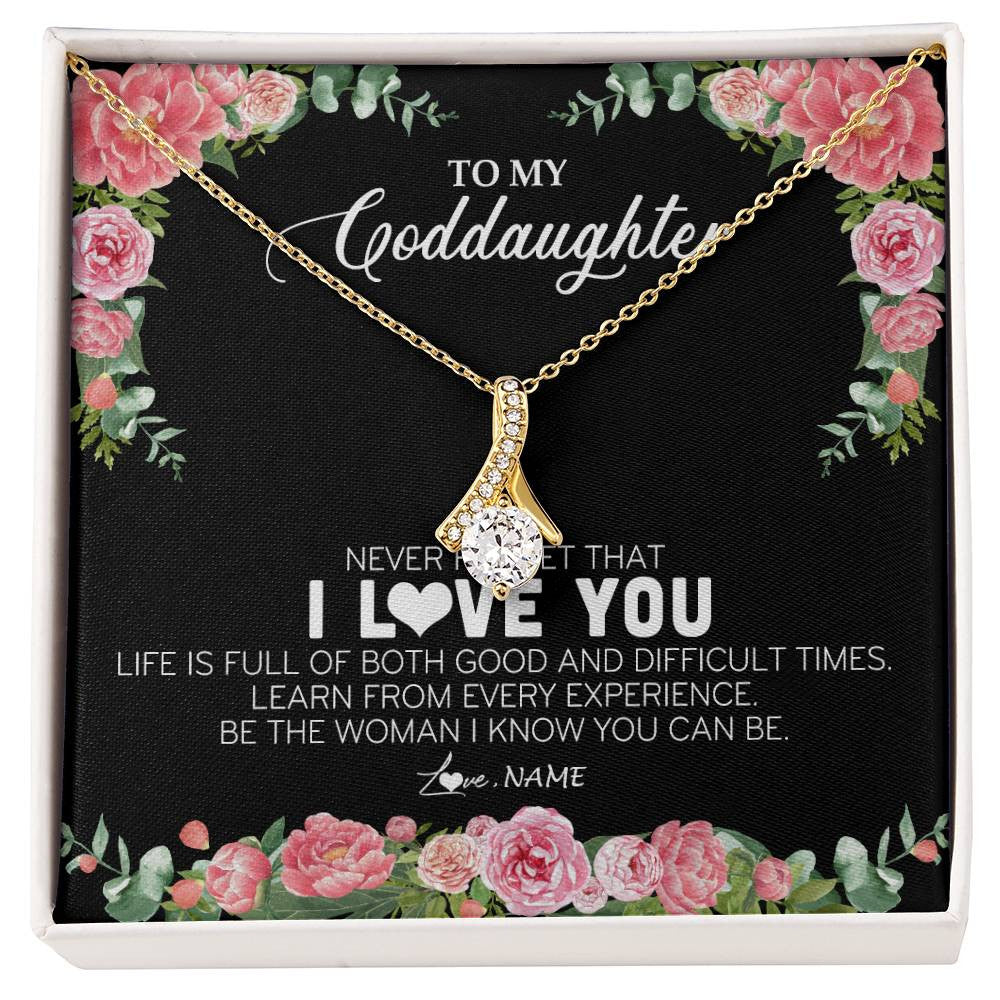 Alluring Beauty Necklace 18K Yellow Gold Finish | Personalized To My Goddaughter Necklace from Godmother Never Forget I Love You Floral Jewelry for Goddaughter Birthday Graduation Christmas Customized Message Card | teecentury