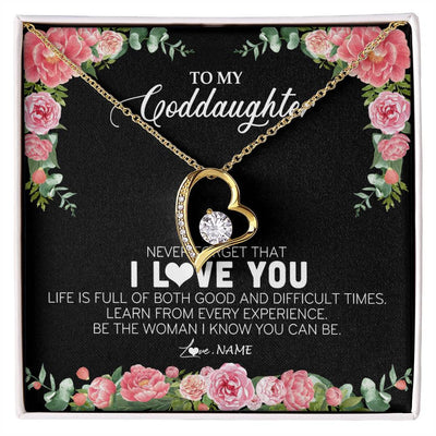 Forever Love Necklace 18K Yellow Gold Finish | Personalized To My Goddaughter Necklace from Godmother Never Forget I Love You Floral Jewelry for Goddaughter Birthday Graduation Christmas Customized Message Card | teecentury