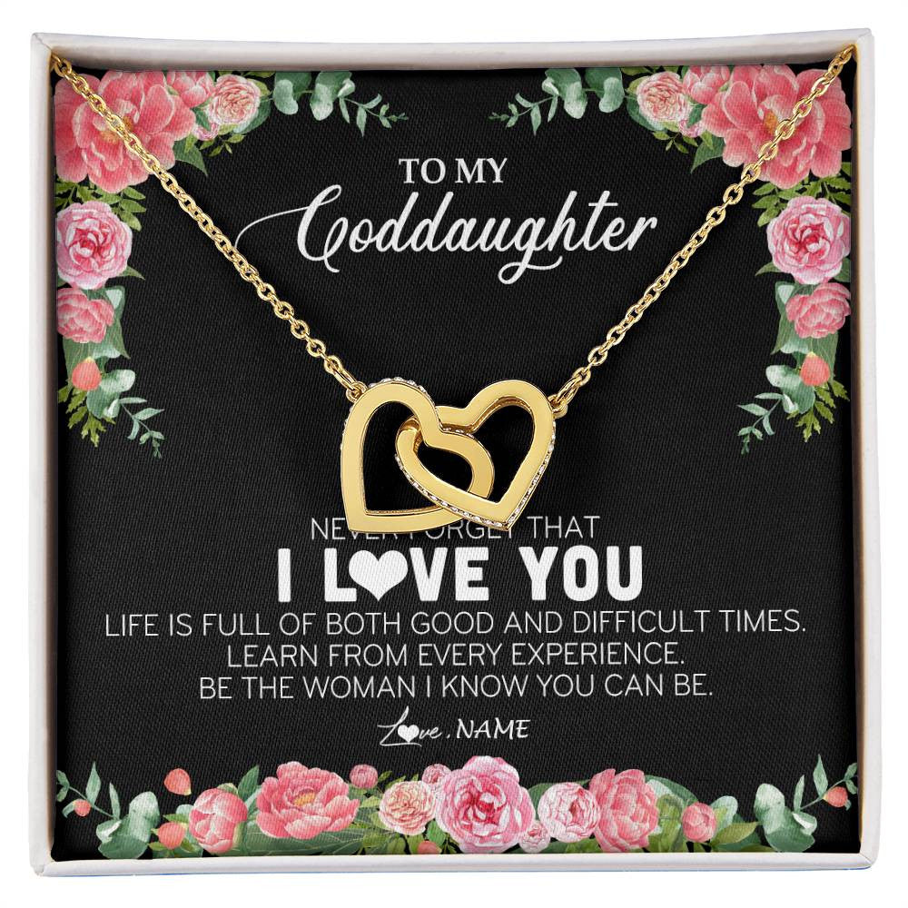 Interlocking Hearts Necklace 18K Yellow Gold Finish | Personalized To My Goddaughter Necklace from Godmother Never Forget I Love You Floral Jewelry for Goddaughter Birthday Graduation Christmas Customized Message Card | teecentury