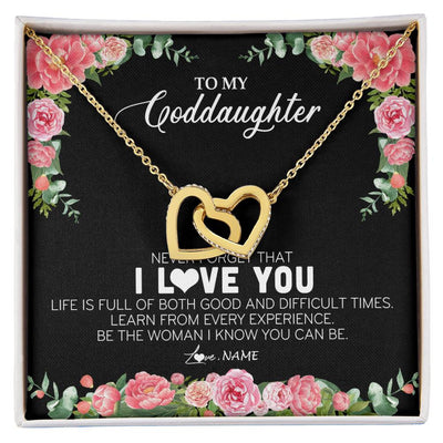 Interlocking Hearts Necklace 18K Yellow Gold Finish | Personalized To My Goddaughter Necklace from Godmother Never Forget I Love You Floral Jewelry for Goddaughter Birthday Graduation Christmas Customized Message Card | teecentury
