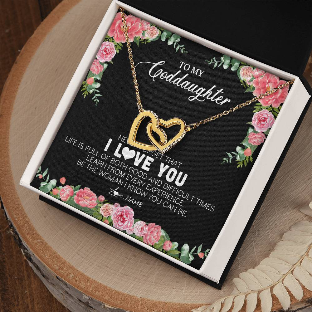 Interlocking Hearts Necklace 18K Yellow Gold Finish | Personalized To My Goddaughter Necklace from Godmother Never Forget I Love You Floral Jewelry for Goddaughter Birthday Graduation Christmas Customized Message Card | teecentury