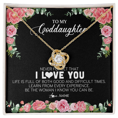 Love Knot Necklace 18K Yellow Gold Finish | Personalized To My Goddaughter Necklace from Godmother Never Forget I Love You Floral Jewelry for Goddaughter Birthday Graduation Christmas Customized Message Card | teecentury