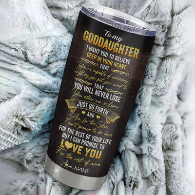 Personalized To My Goddaughter Tumbler From Godmother Aunt Uncle Stainless Steel Cup Believe Deep In Your Heart Lion Godchild Birthday Christmas Travel Mug | teecentury
