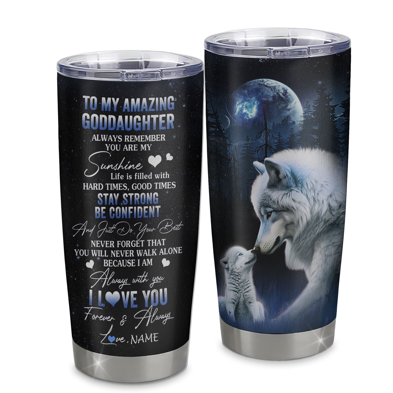 Personalized To My Goddaughter Tumbler From Godmother Godfather Stainless Steel Cup Moon Wolf Goddaughter Birthday Gifts Graduation Christmas Custom Travel Mug | teecentury