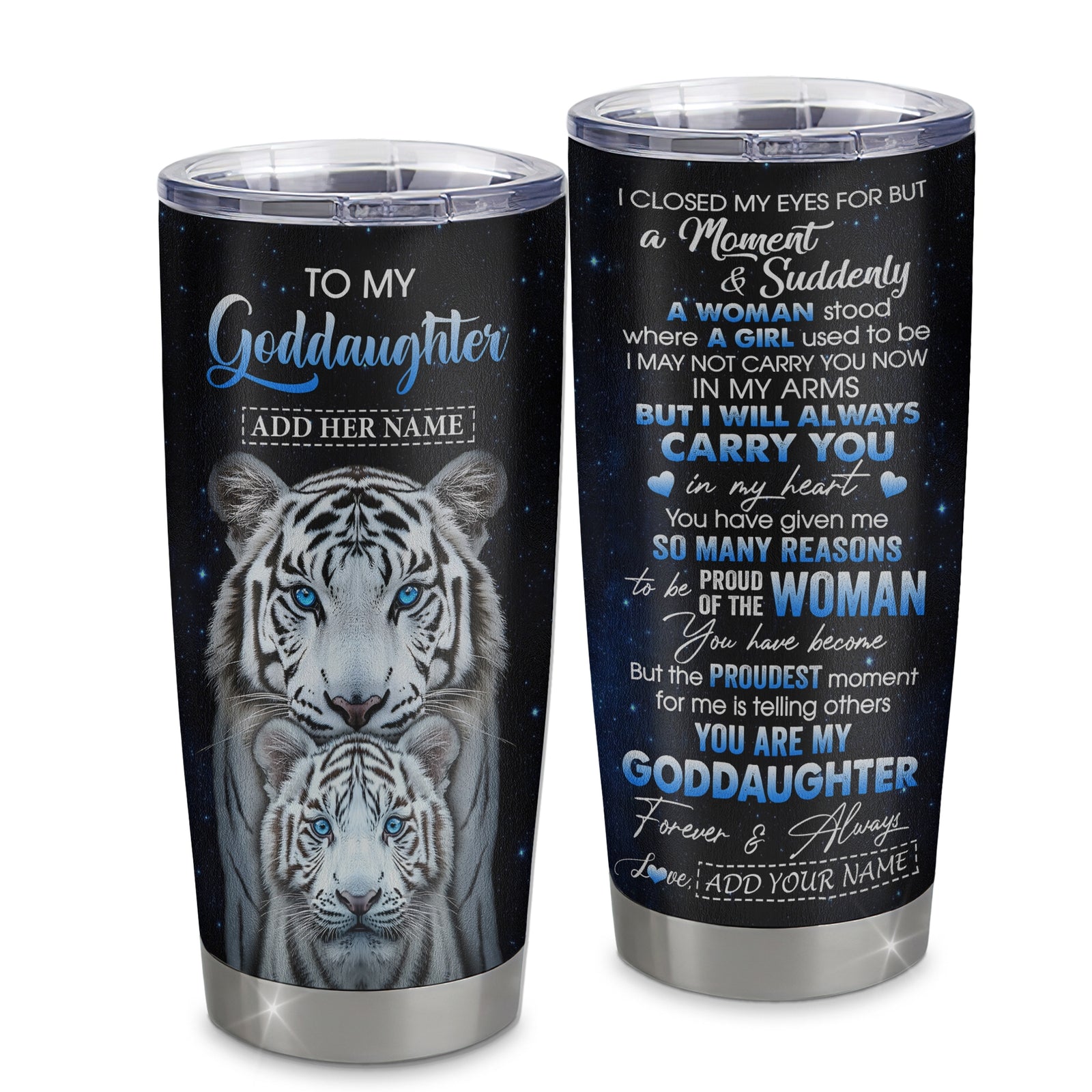 Personalized To My Goddaughter Tumbler From Godmother Uncle I Close My Eyes White Tiger Goddaughter Birthday Gifts Graduation Christmas Custom Coffee Mug | teecentury