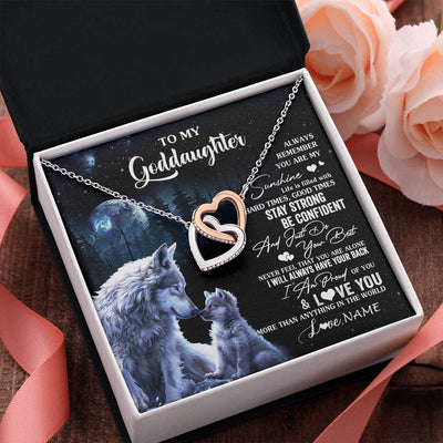 Interlocking Hearts Necklace Stainless Steel & Rose Gold Finish | 2 | Personalized To My Goddaughter Wolf Necklace From Godmother Aunt Always Remember Godchild Birthday Graduation Christmas Customized Gift Box Message Card | teecentury