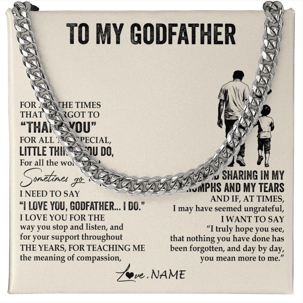 Cuban Link Chain Necklace Stainless Steel | 1 | Personalized To My Godfather Necklace From Nephew For All The Times That I Forgot To Thank You Birthday Fathers Day Christmas Customized Gift Box Message Card | teecentury