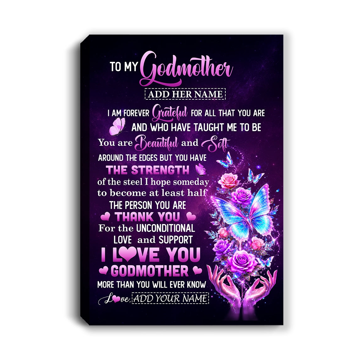 Personalized To My Godmother Canvas Thank You For Love Butterfly Godmother Birthday Gifts Mothers Day Thanksgiving Christmas Custom Wall Art Framed Canvas | teecentury