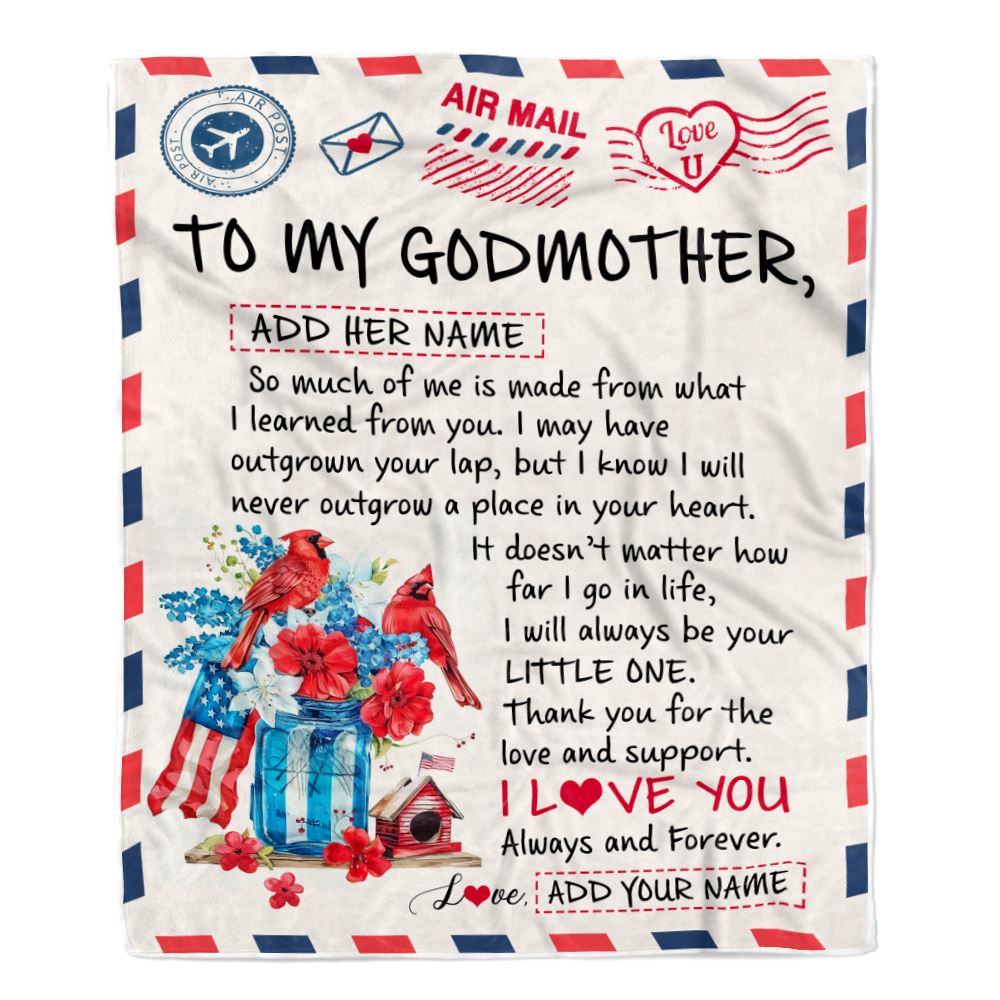 Personalized To My Godmother Gifts Blanket From Niece Nephew Cardinal Letter Air Mail Letter Birthday Gifts For Aunt Mothers Day Christmas Godmother Fleece Blanket | teecentury
