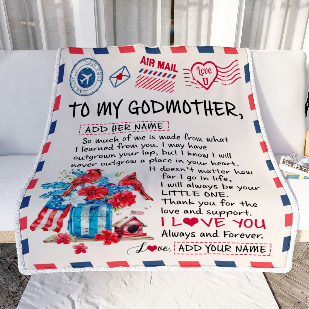 Personalized To My Godmother Gifts Blanket From Niece Nephew Cardinal Letter Air Mail Letter Birthday Gifts For Aunt Mothers Day Christmas Godmother Fleece Blanket | teecentury