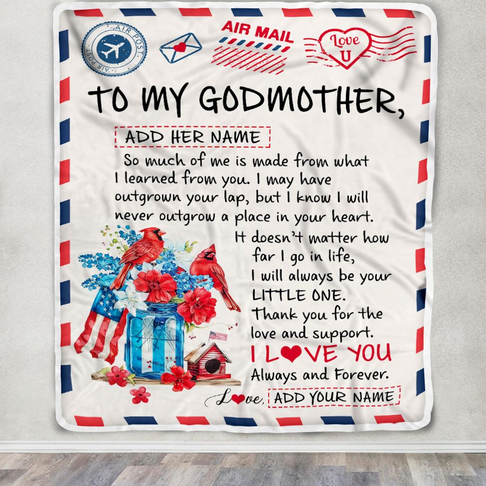 Personalized To My Godmother Gifts Blanket From Niece Nephew Cardinal Letter Air Mail Letter Birthday Gifts For Aunt Mothers Day Christmas Godmother Fleece Blanket | teecentury