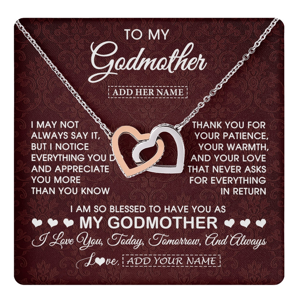 Interlocking Hearts Necklace Stainless Steel & Rose Gold Finish | 1 | Personalized To My Godmother Gifts From Niece Necklace Meaningful Jewelry Pendant Gifts For Aunt Mothers Day Birthday Christmas Custom Gift Box Message Card | https://teecentury.