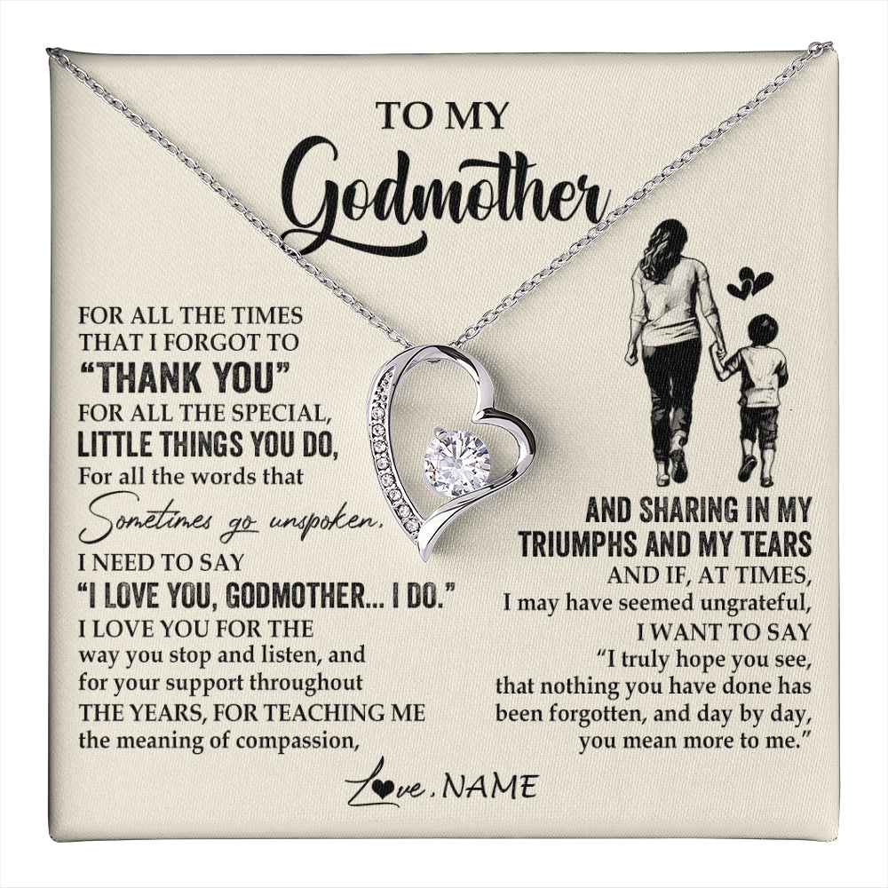 Forever Love Necklace 14K White Gold Finish | 1 | Personalized To My Godmother Necklace From Nephew For All The Times That I Forgot To Thank You Birthday Mothers Day Christmas Customized Gift Box Message Card | teecentury