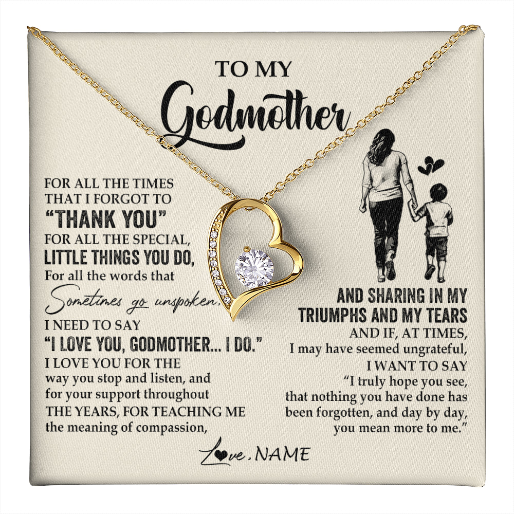 Forever Love Necklace 18K Yellow Gold Finish | 1 | Personalized To My Godmother Necklace From Nephew For All The Times That I Forgot To Thank You Birthday Mothers Day Christmas Customized Gift Box Message Card | teecentury