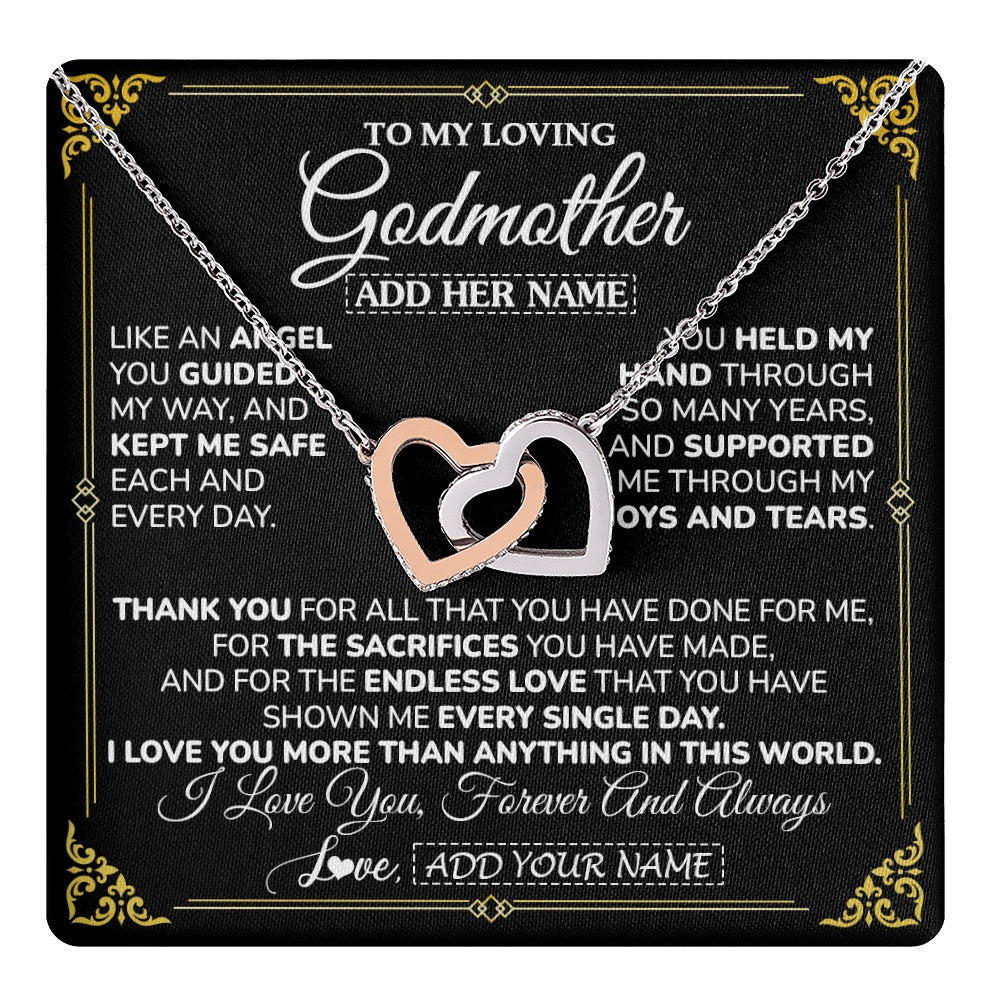 Interlocking Hearts Necklace Stainless Steel & Rose Gold Finish | 1 | Personalized To My Godmother Necklace Gifts Meaningful Gift To Aunt From Niece Without You There Is No Me Mothers Day Godmother Birthday Gift Box Message Card | https://teecentury.