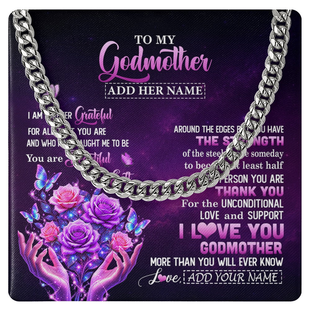 Cuban Link Chain Necklace Stainless Steel | 1 | Personalized To My Godmother Necklace Thank You For Love Butterfly Godmother Birthday Mothers Day Thanksgiving Christmas Custom Gift Box Message Card | https://teecentury.