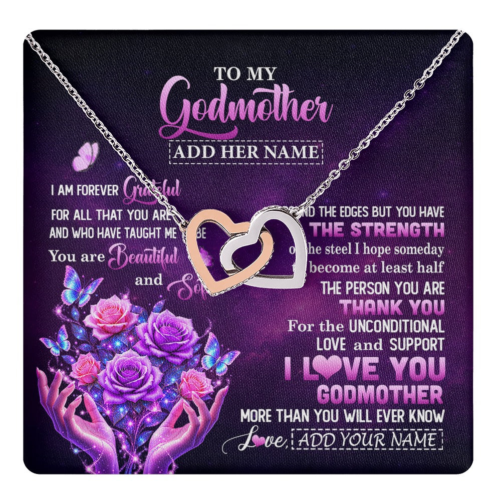 Interlocking Hearts Necklace Stainless Steel & Rose Gold Finish | 1 | Personalized To My Godmother Necklace Thank You For Love Butterfly Godmother Birthday Mothers Day Thanksgiving Christmas Custom Gift Box Message Card | https://teecentury.
