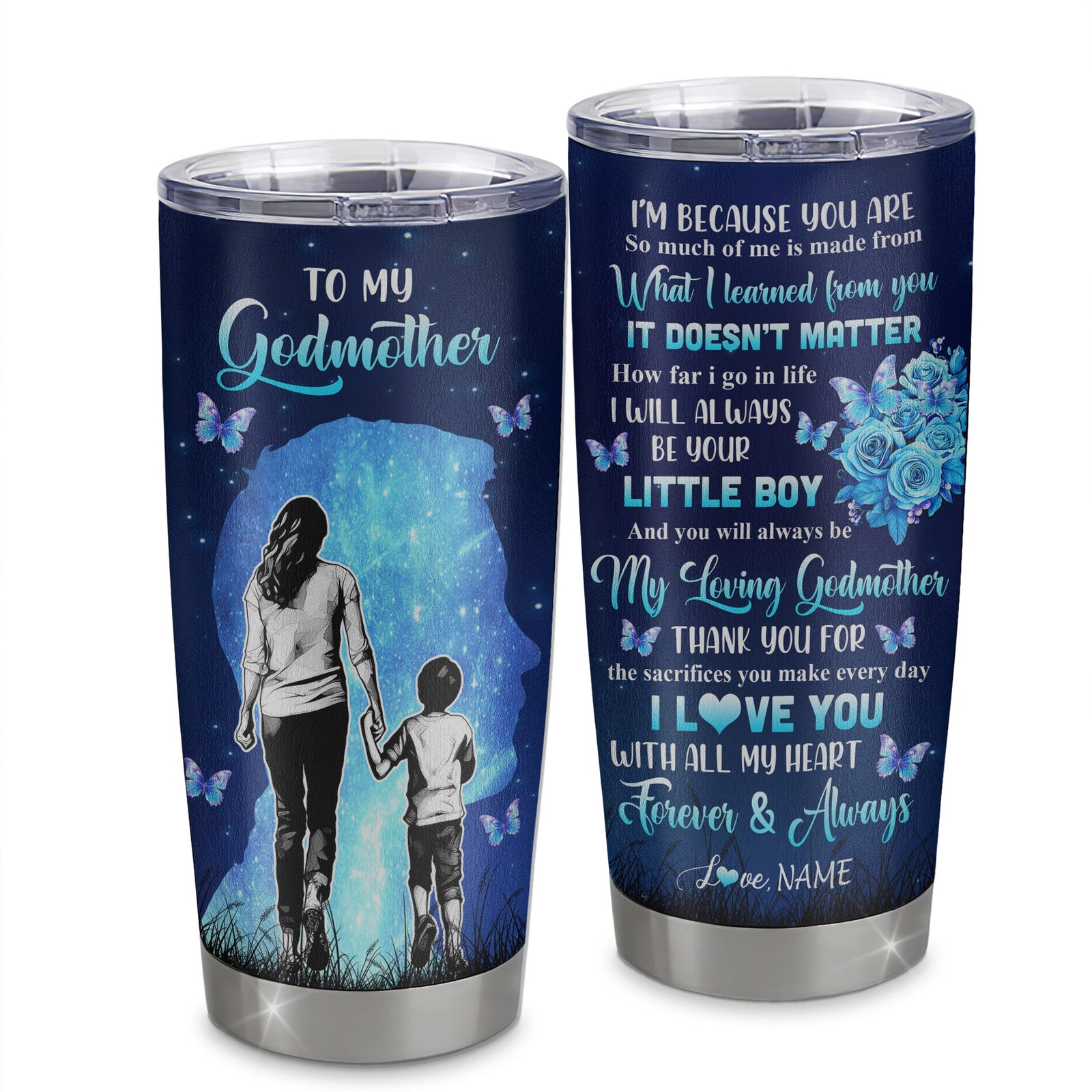 Personalized To My Godmother Tumbler From Godson Stainless Steel Cup Butterfly Forever And Always Gift Godmother Birthday Thanksgiving Christmas Travel Mug | teecentury