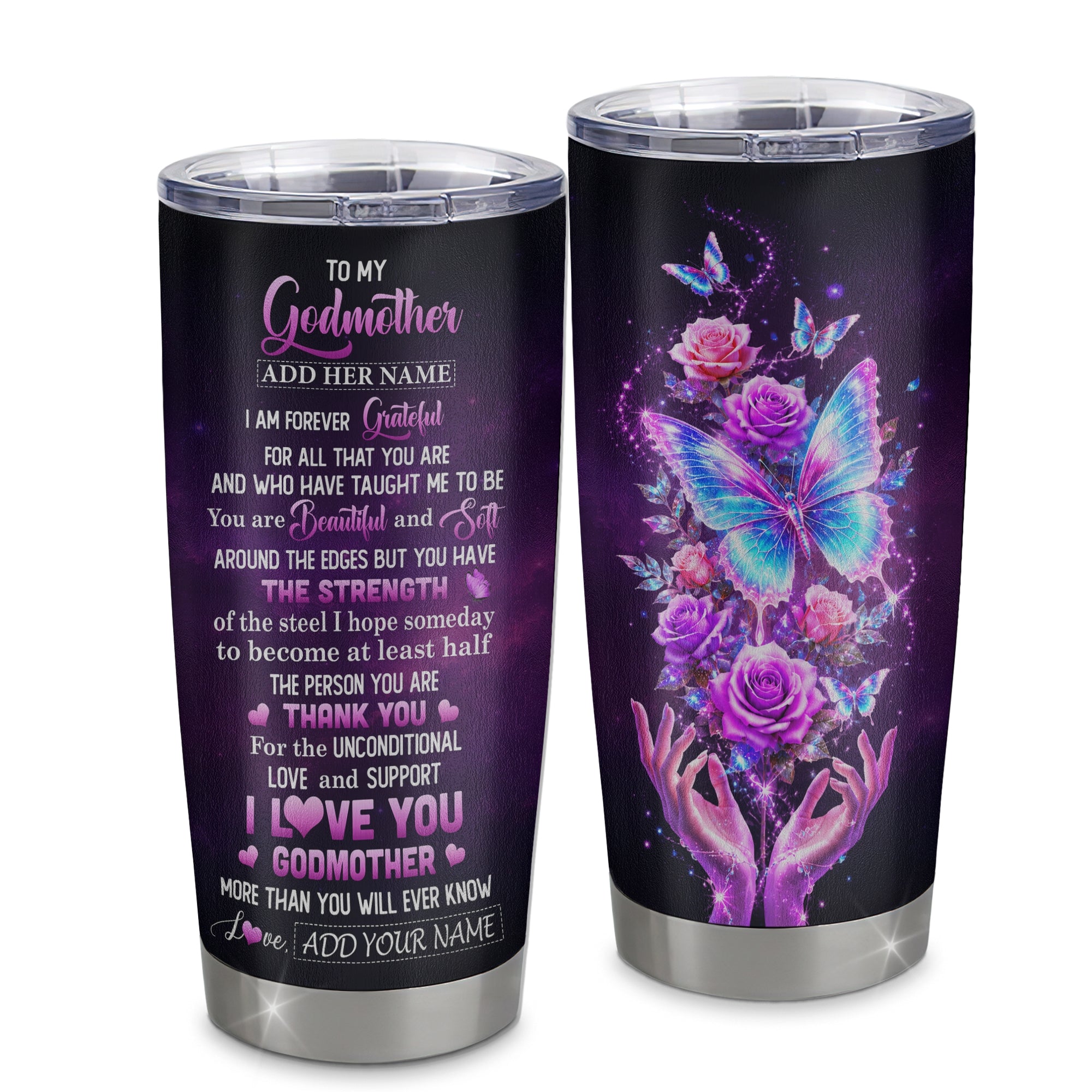 Personalized To My Godmother Tumbler Thank You For Love Butterfly Godmother Birthday Gifts Mothers Day Thanksgiving Christmas Custom Stainless Steel Mug | teecentury