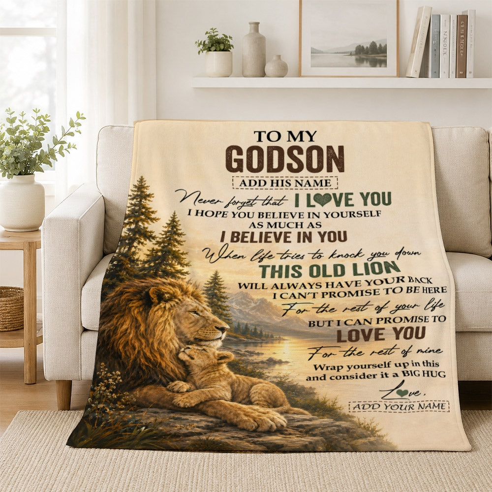 Personalized To My Godson Birthday Gifts From Godfather Uncle This Old Lion Blanket Godson Gifts Graduation Christmas Gift Ideas For Men Fleece Throw Blanket | teecentury