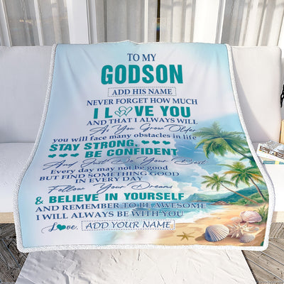 Personalized To My Godson Blanket Beach I Love You Forever From Godmother Godfather Godson Birthday Gifts Christmas Graduation Customized Fleece Blanket | teecentury