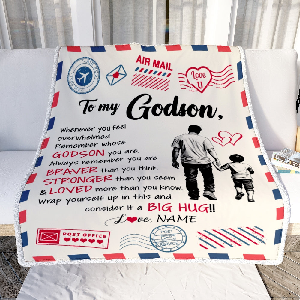 Personalized To My Godson Blanket From Godfather Braver Stronger Loved Airmail Godson Birthday Graduation Christmas Customized Bed Fleece Throw Blanket | teecentury