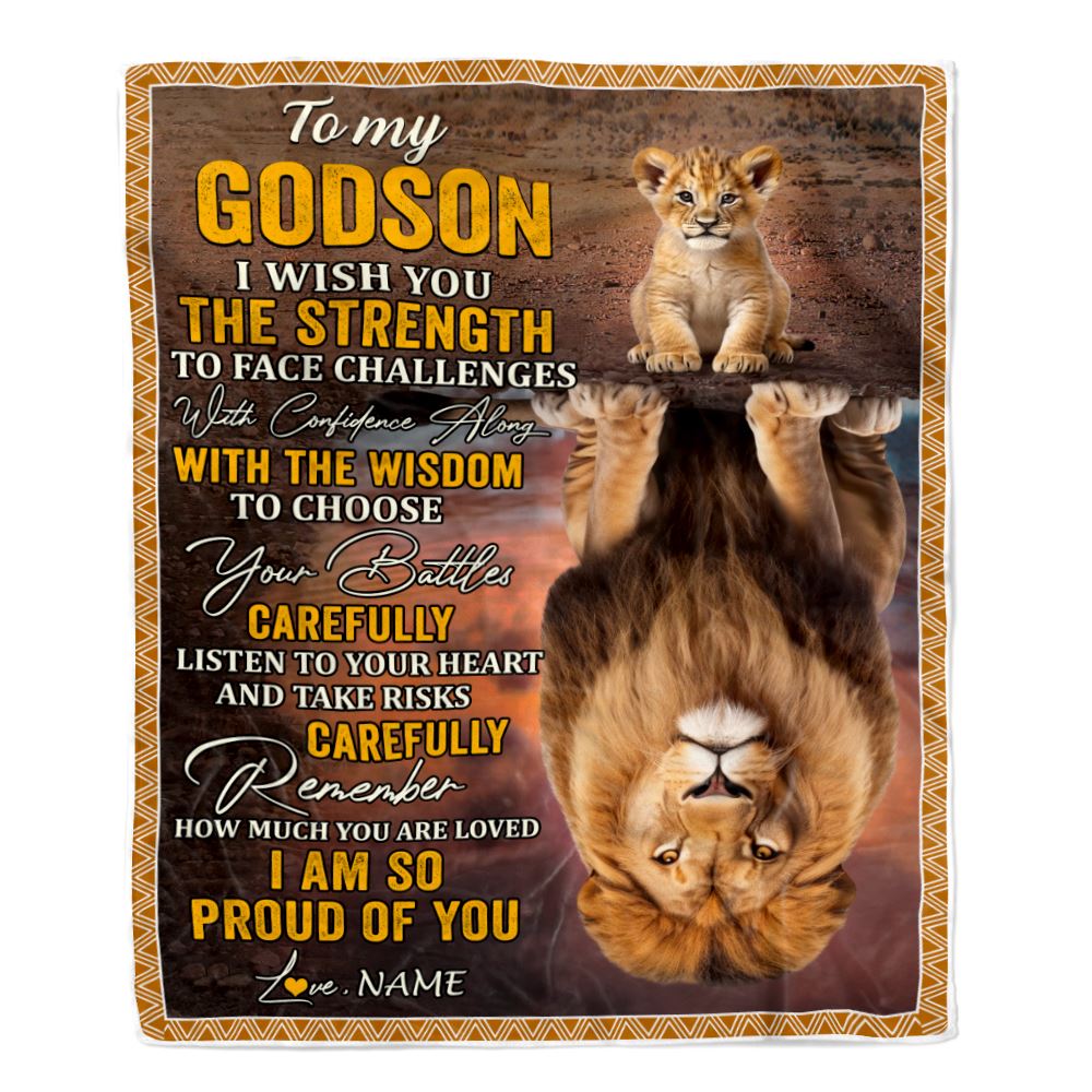Personalized To My Godson Blanket From Godfather Godmother I Wish You The Strength Lion Godson Birthday Gifts Graduation Christmas Customized Fleece Blanket | teecentury