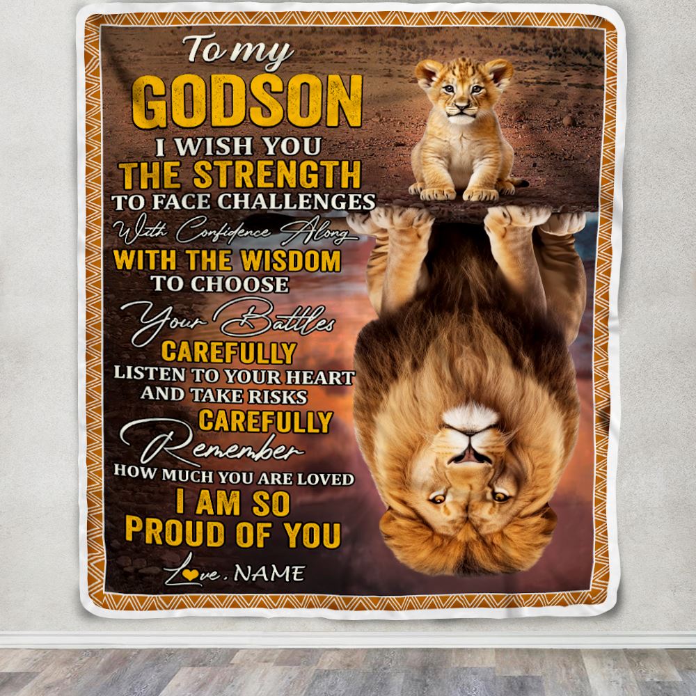 Personalized To My Godson Blanket From Godfather Godmother I Wish You The Strength Lion Godson Birthday Gifts Graduation Christmas Customized Fleece Blanket | teecentury