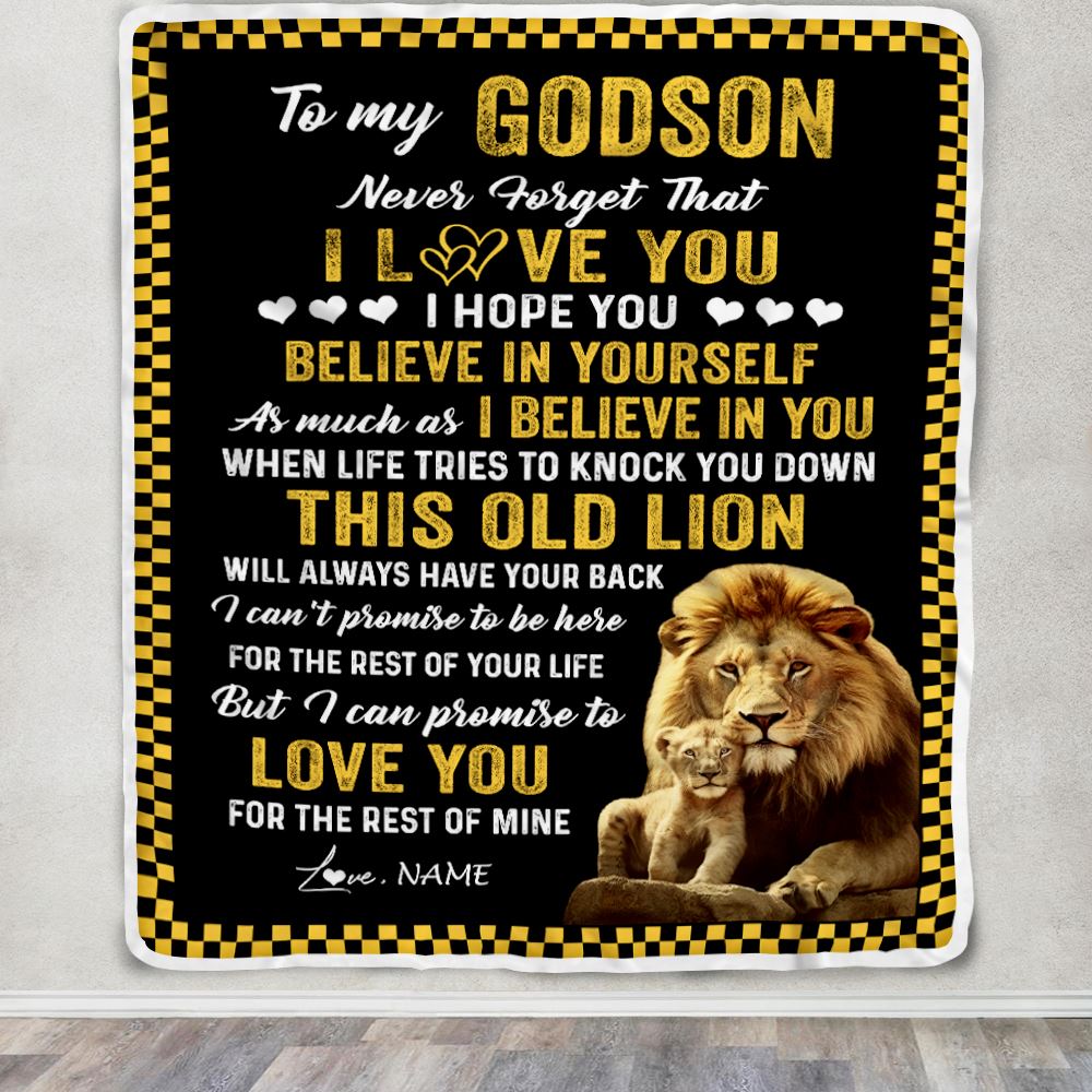 Personalized To My Godson Blanket From Godfather This Old Lion Love You Godson Birthday Graduation Christmas Customized Bed Fleece Throw Blanket | teecentury